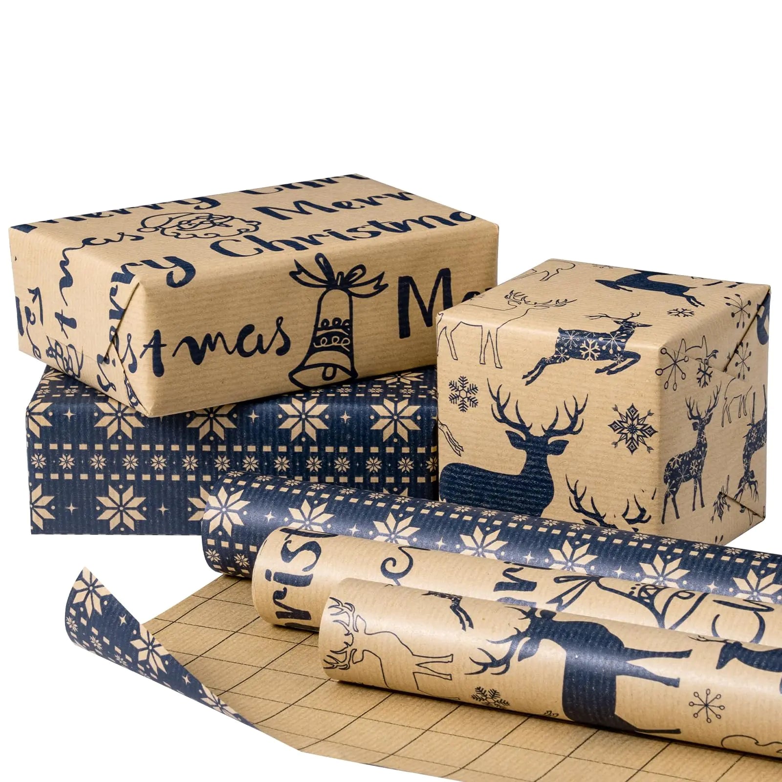 Reindeer & Snowflake Christmas Wrap Set – 3 Rolls, 17″ × 10′ Each