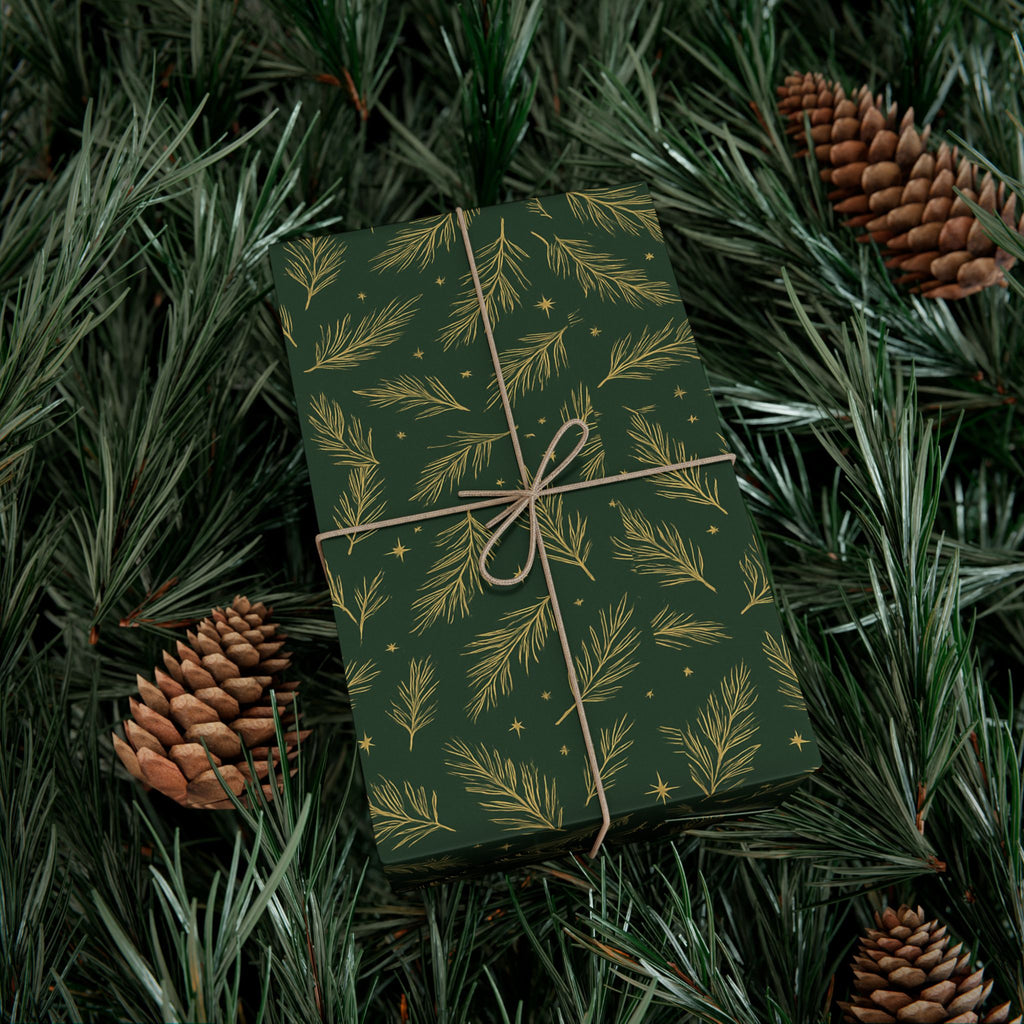 Wrapping Paper - Green with Leaves Design - Eco-Friendly Gift Wrap