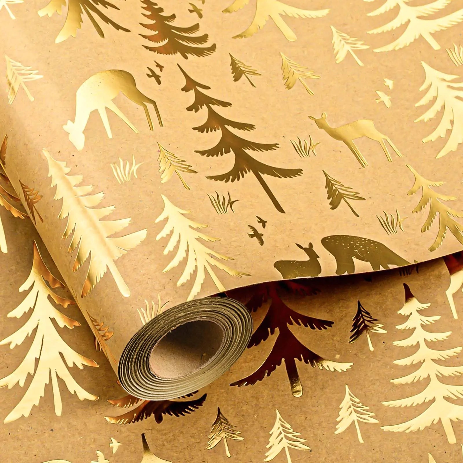 Thick Kraft Holiday Wrap – Gold Foil Reindeer & Trees (Eco-Friendly, 17″ × 33′)