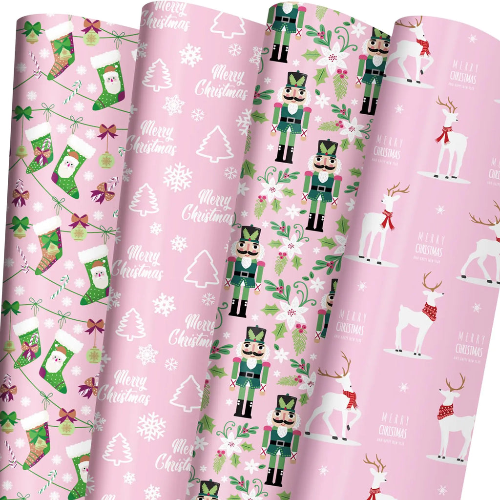 Pink Christmas Wrap – Nutcracker, Stockings & Reindeer Designs (6 Jumbo Sheets, 28″ × 40″)