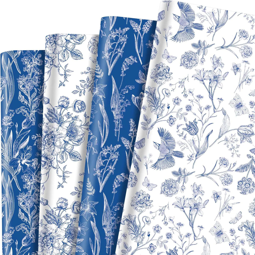 Blue Floral Wrapping Sheet Set – 12 Designer Sheets (27.5″ × 19.7″ Each)