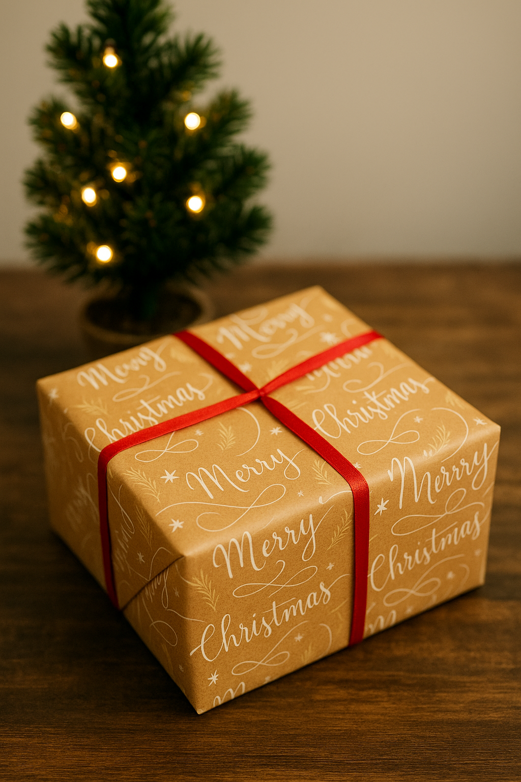 Kraft Christmas Wrapping Paper – Gold Feathers & “Merry Christmas”