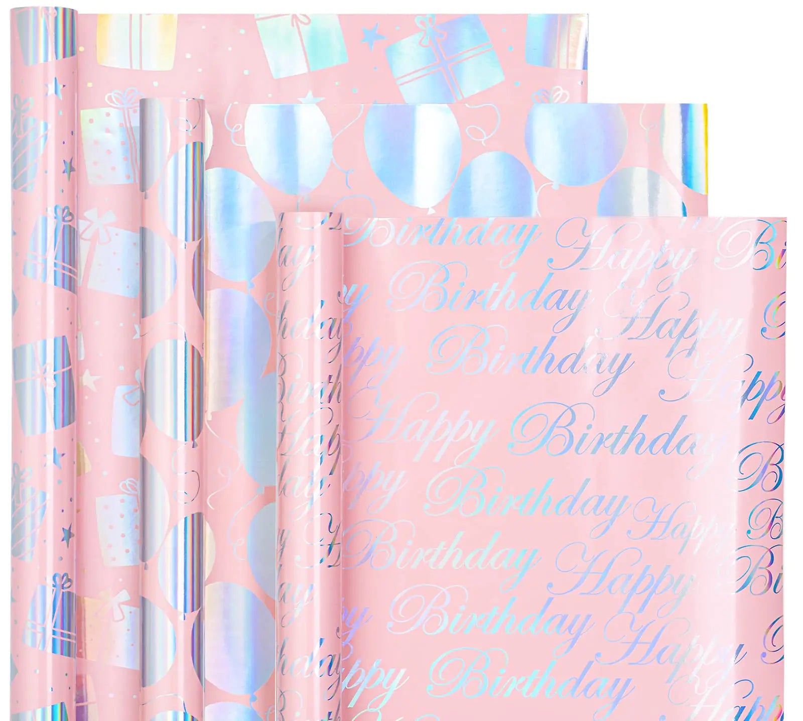 Pink & Silver Foil Birthday Mini Roll Trio – 3 Rolls (17″ × 10′ Each)