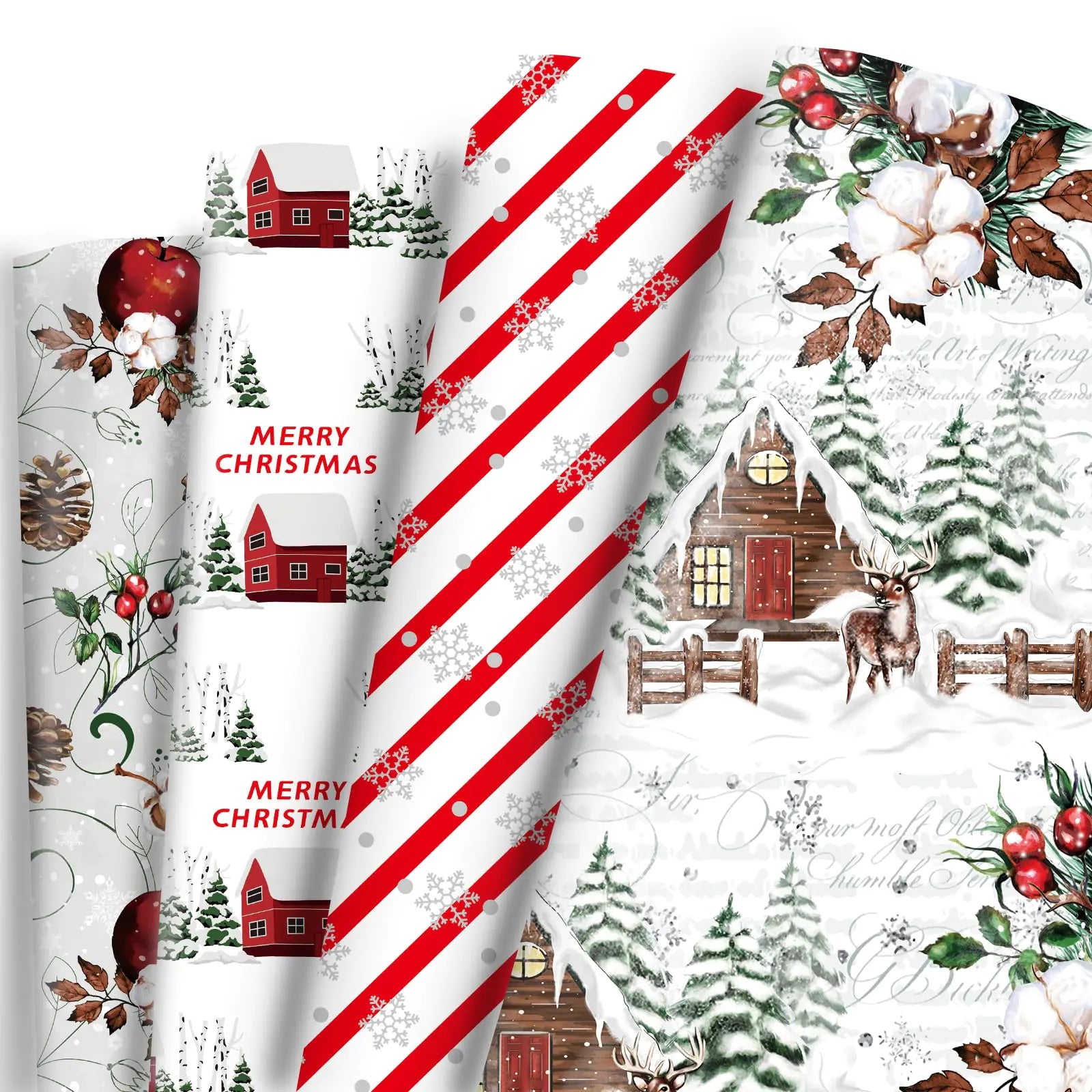 Red Stripe Snowy House Wrapping Paper Set – 8 Sheets (20″ × 28″ Each)