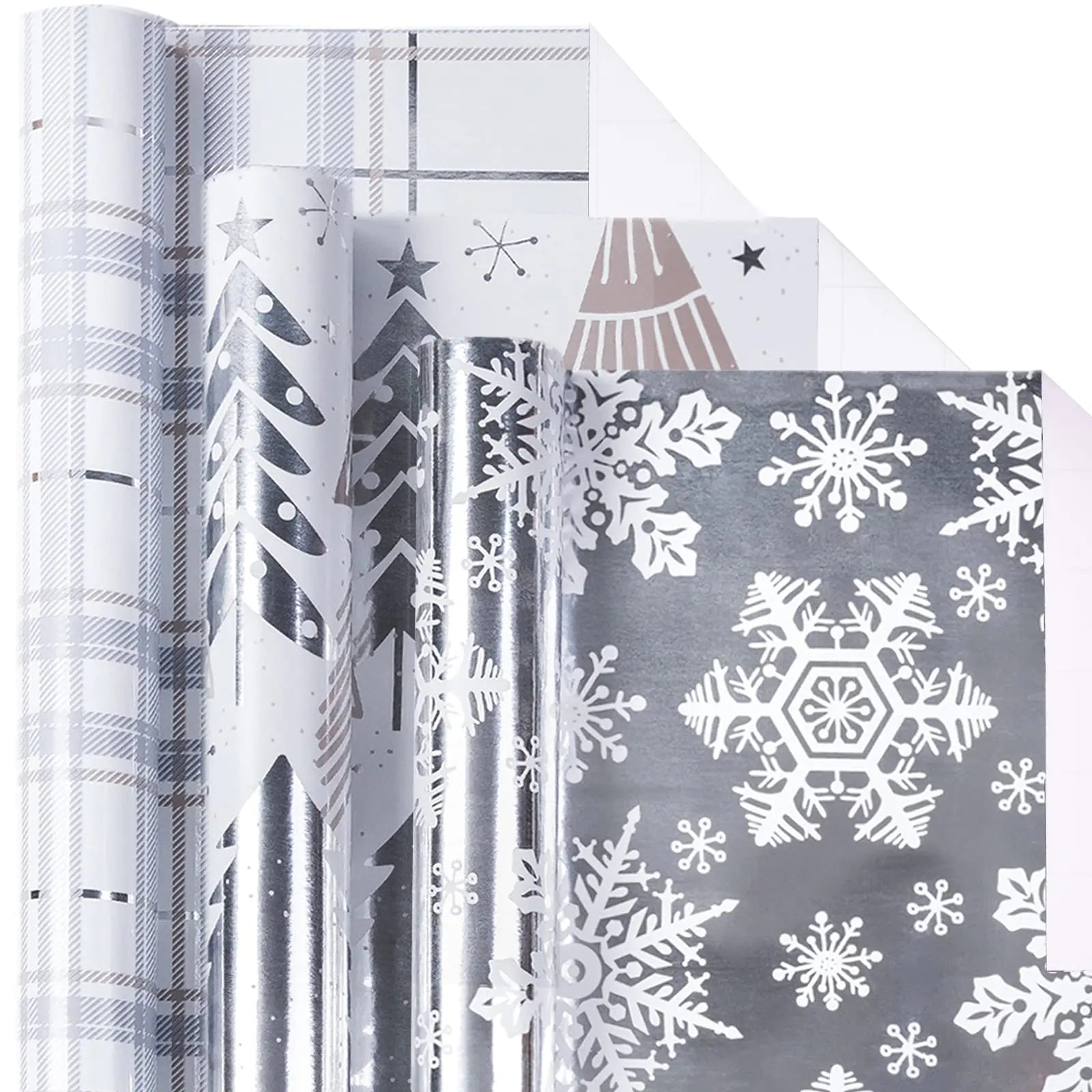 Silver Metallic Christmas Wrap Set – Trees, Snowflakes & Plaid (3 Rolls, 17″ × 120″ Each)