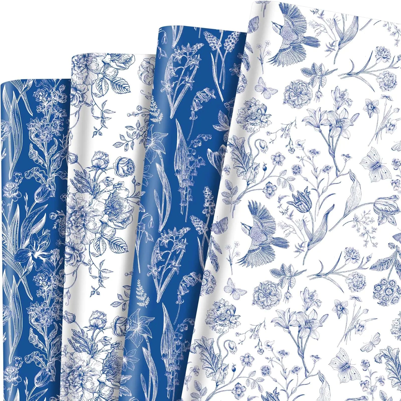 Blue Floral Wrapping Sheet Set – 12 Designer Sheets (27.5″ × 19.7″ Each)