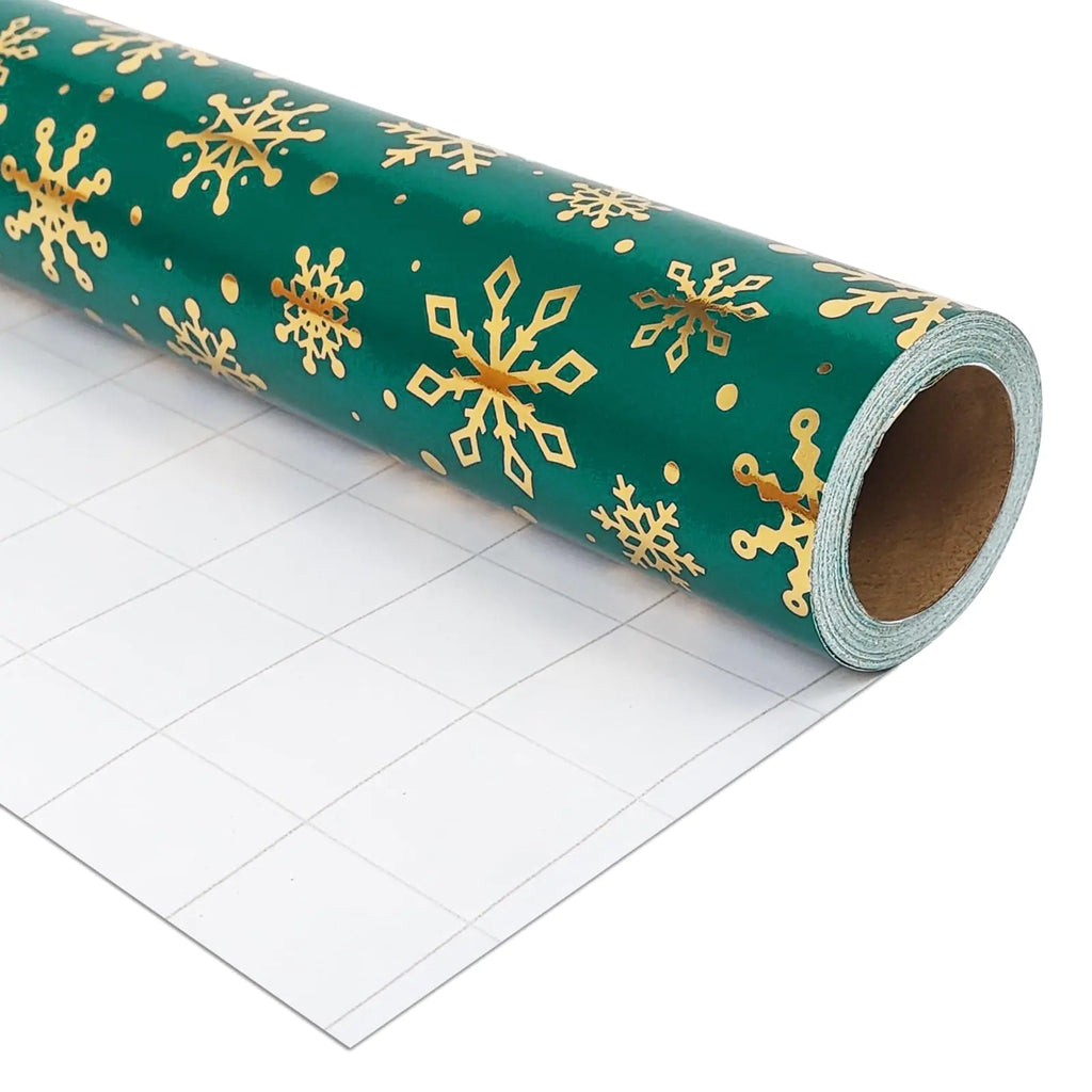 Gold Snowflake on Green Wrapping Paper – Gold Foil Christmas Wrap (17″ × 32.8′)