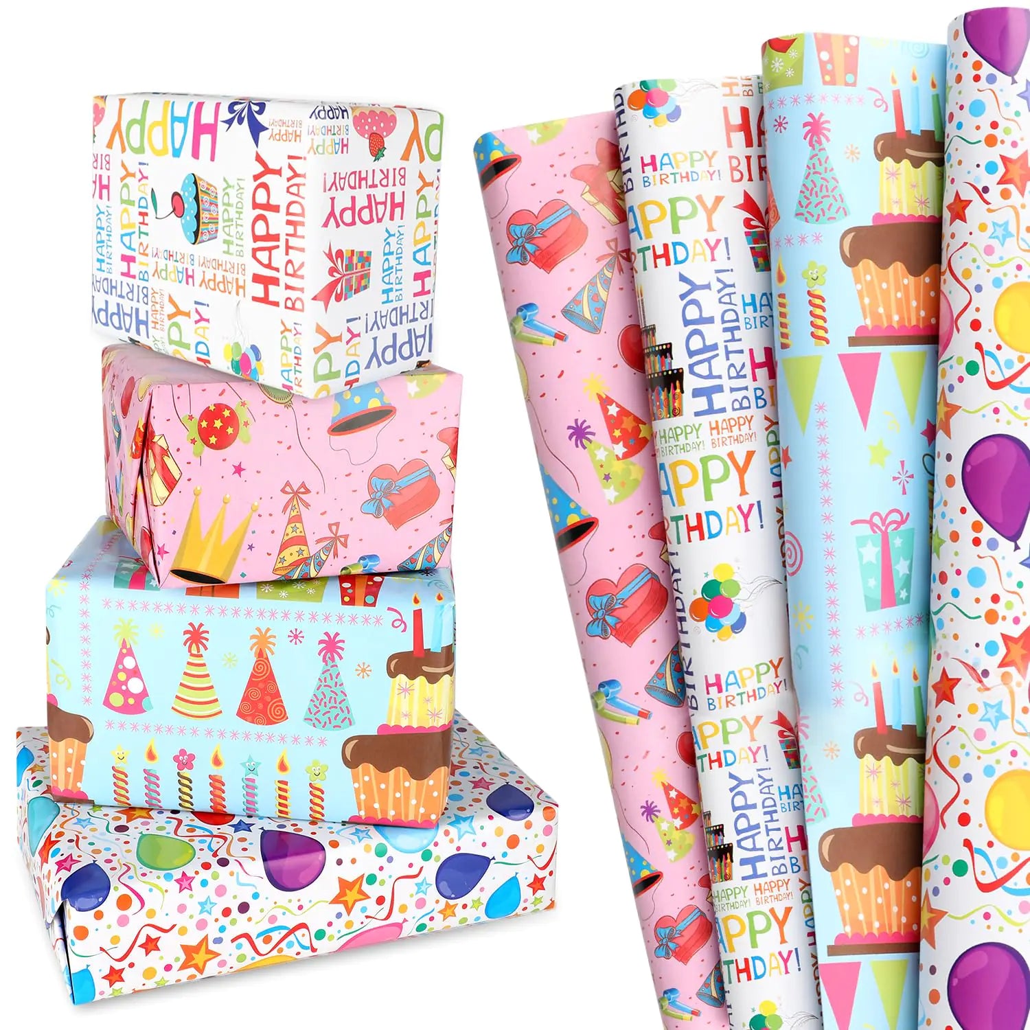 12 Sheets Happy Birthday Wrapping Paper: 4 Styles 19.7x27.5 Per Sheet