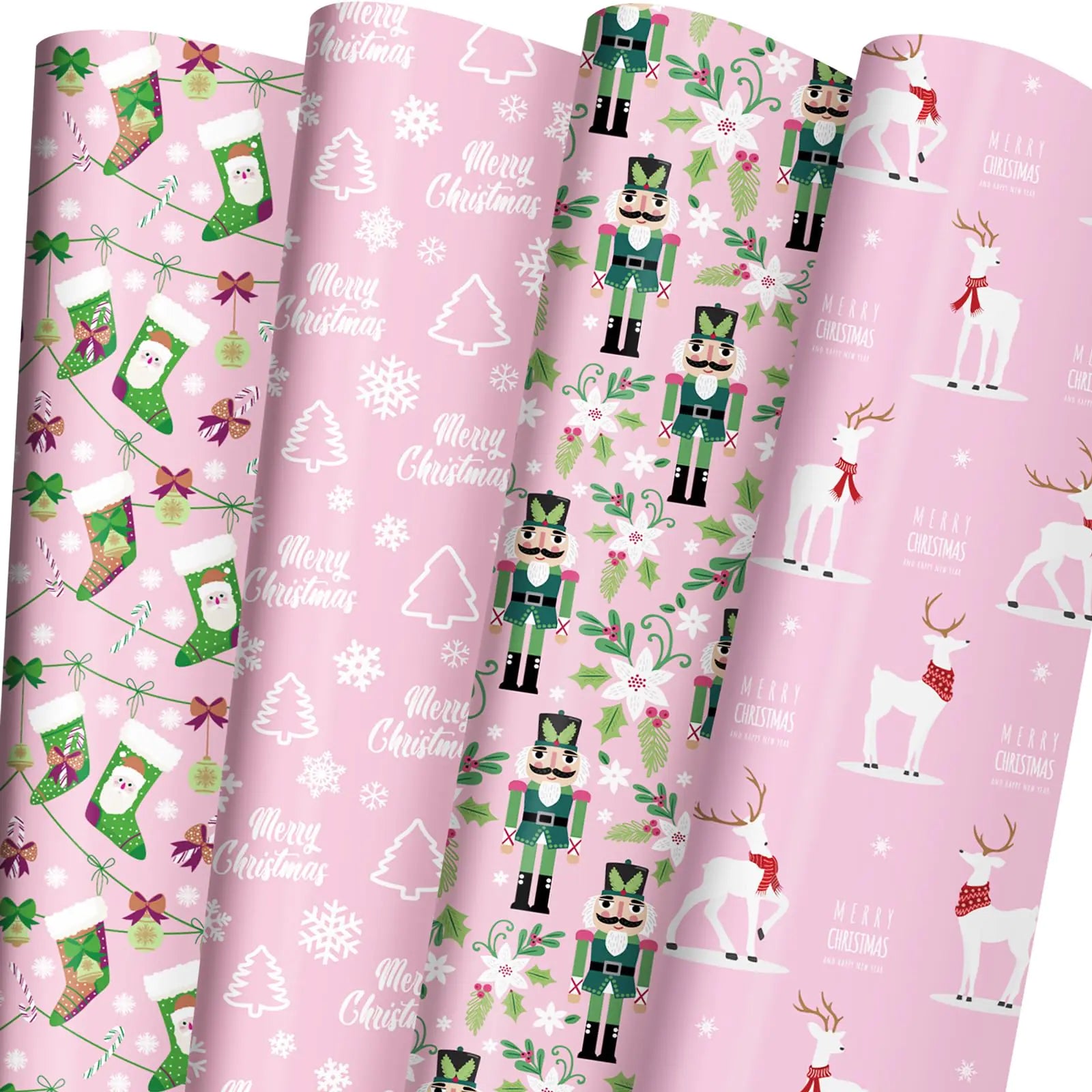 Pink Christmas Wrap – Nutcracker, Stockings & Reindeer Designs (6 Jumbo Sheets, 28″ × 40″)