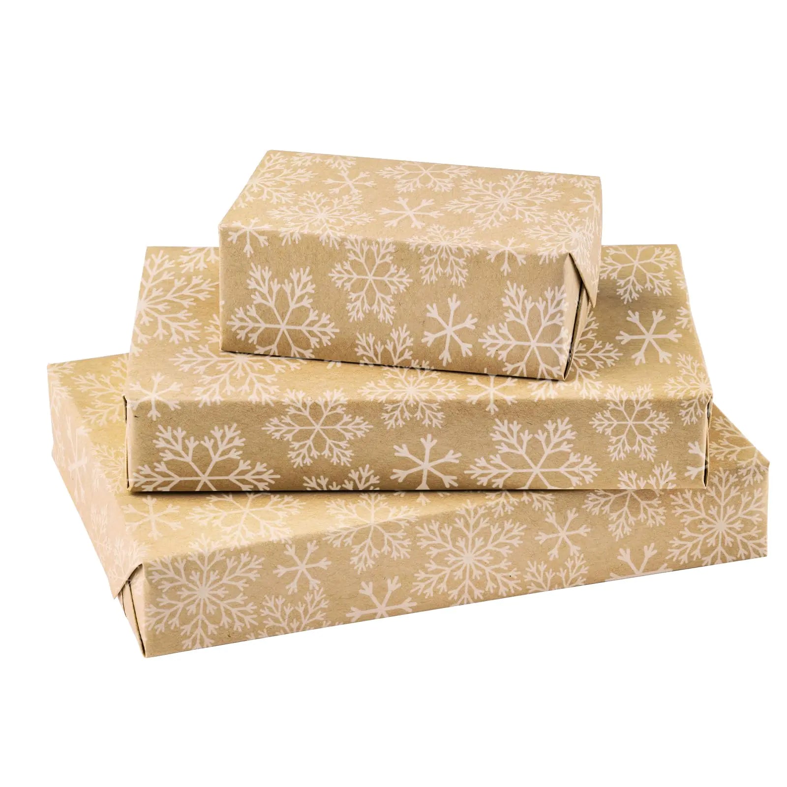 Kraft Snowflake Wrapping Paper – White Snowflakes on Natural Kraft (17″ × 32.8′ Roll)