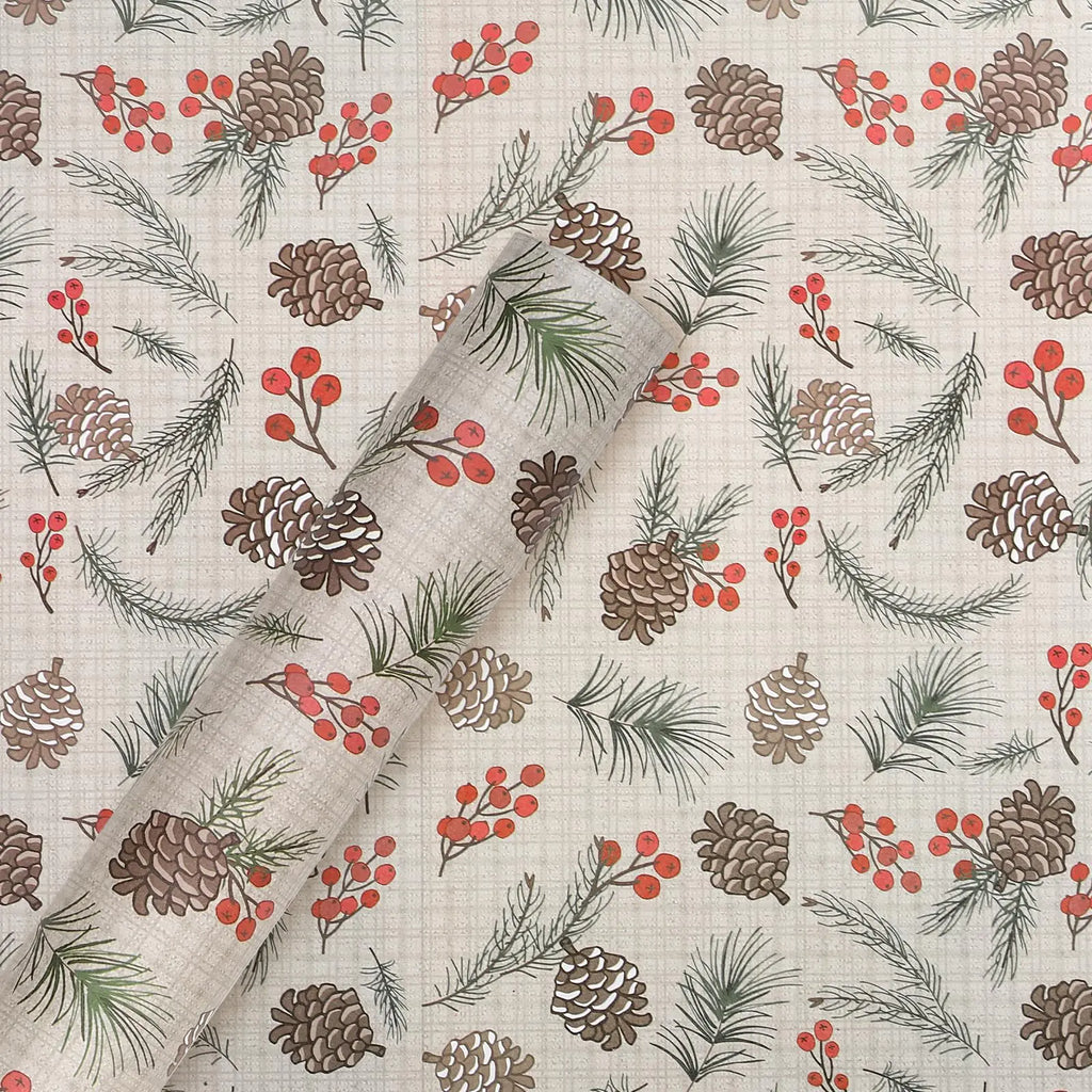 Pinecone & Berry Leaf Mini Roll – Nature-Inspired Holiday Wrap (17″ × 16.4′)