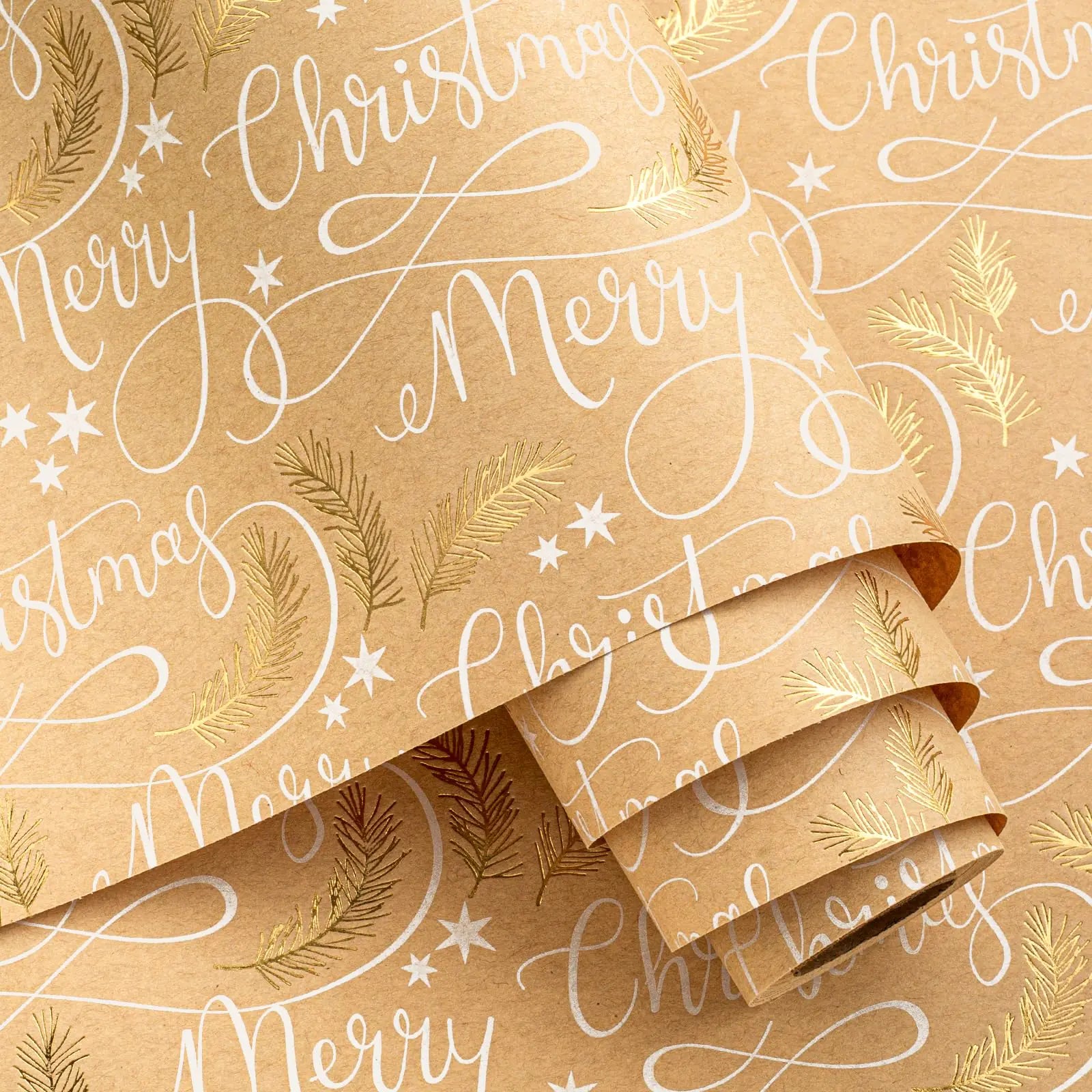 Kraft Christmas Wrapping Paper – Gold Feathers & “Merry Christmas” Typography (17″ × 32.8′ Roll)