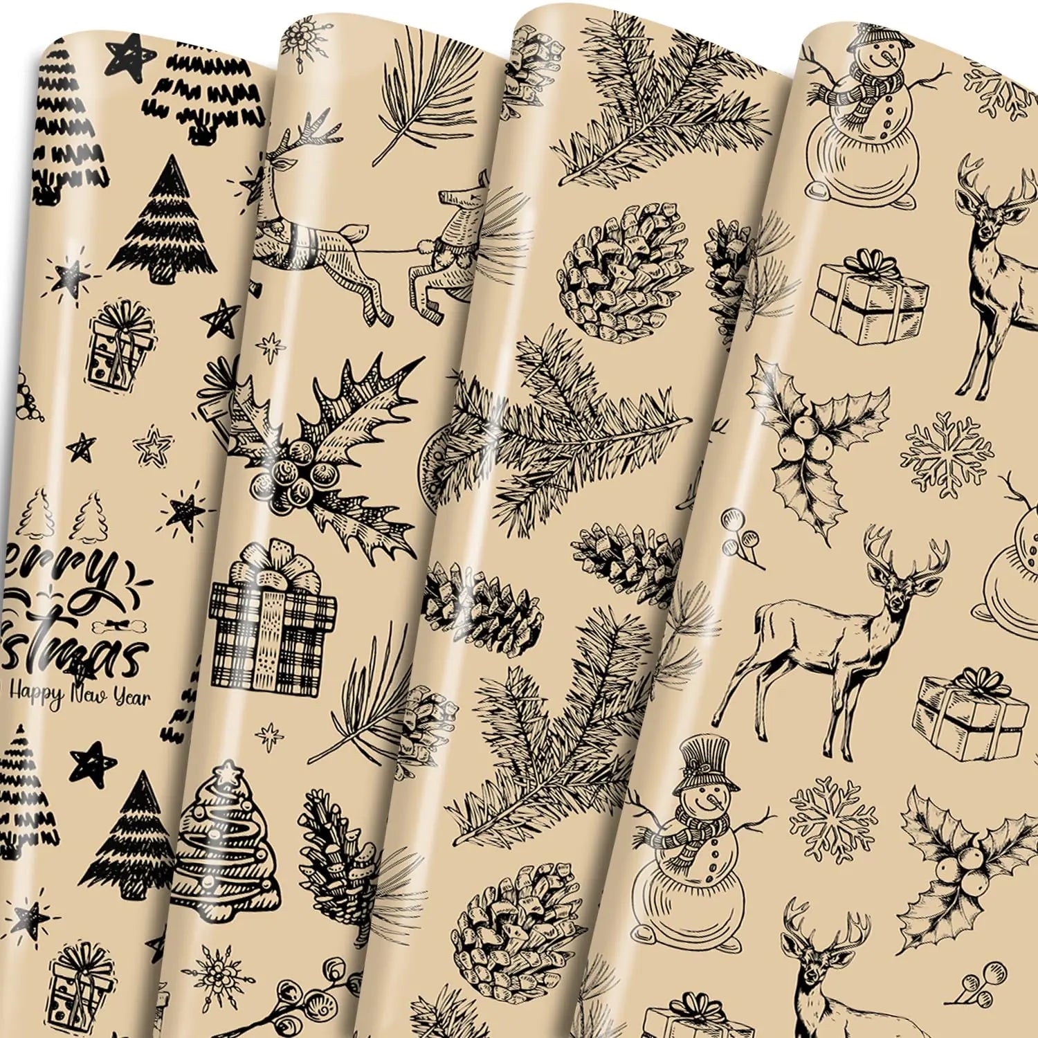 Keluna Vintage Brown Christmas Wrap – 12 Rustic Woodland Sheets (19.7″ × 27.6″ Each)