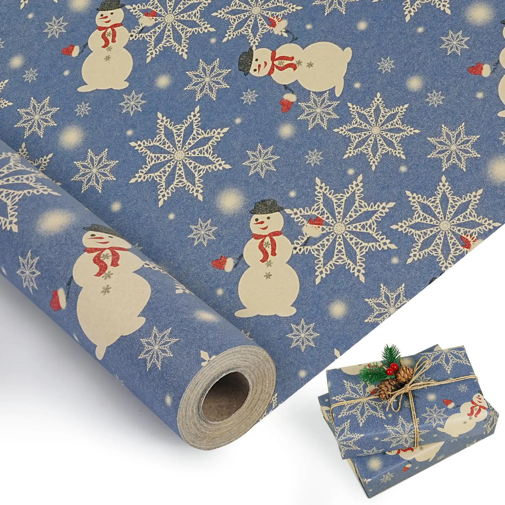 Kraft Snowman & Snowflake Wrap – 17″ × 49′ Roll (69.4 sq ft)