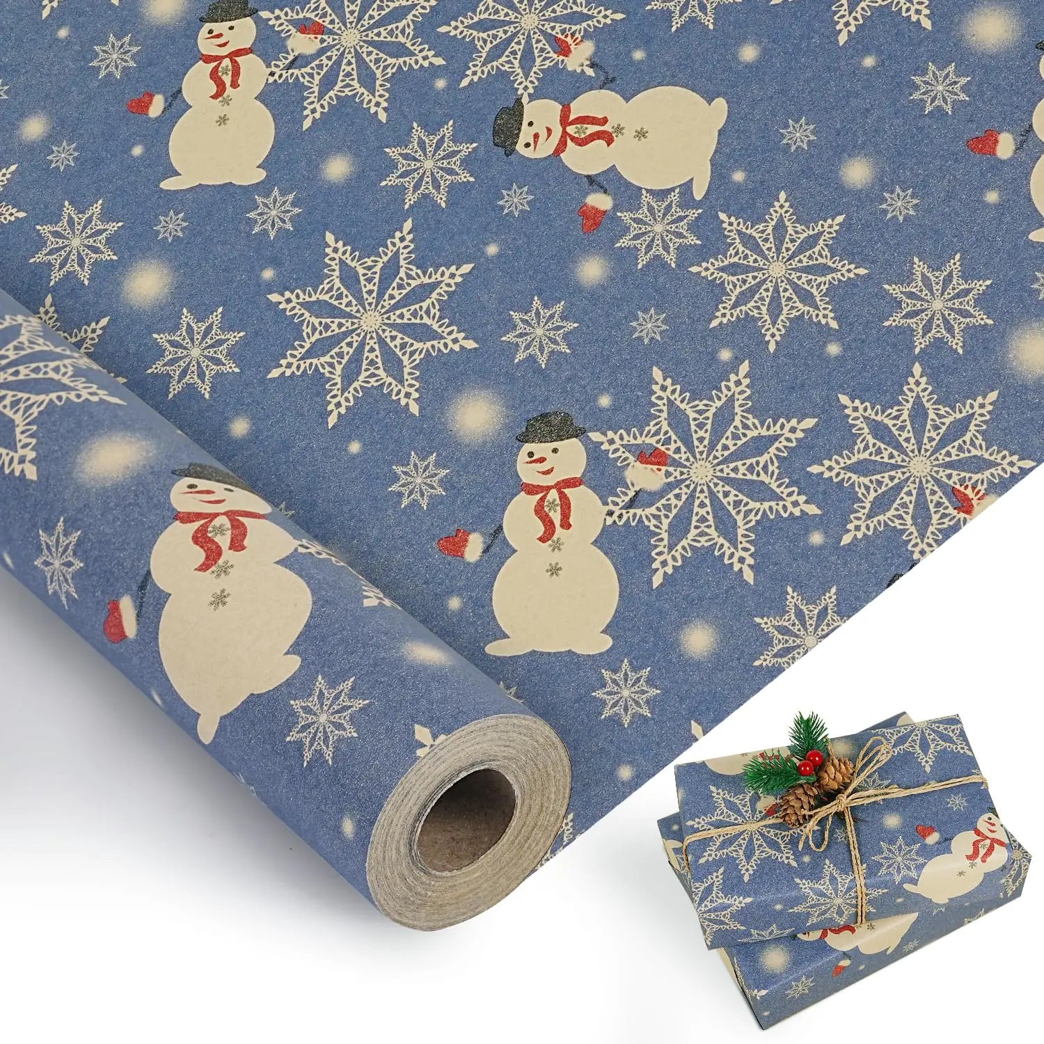 Kraft Snowman & Snowflake Wrap – 17″ × 49′ Roll (69.4 sq ft)