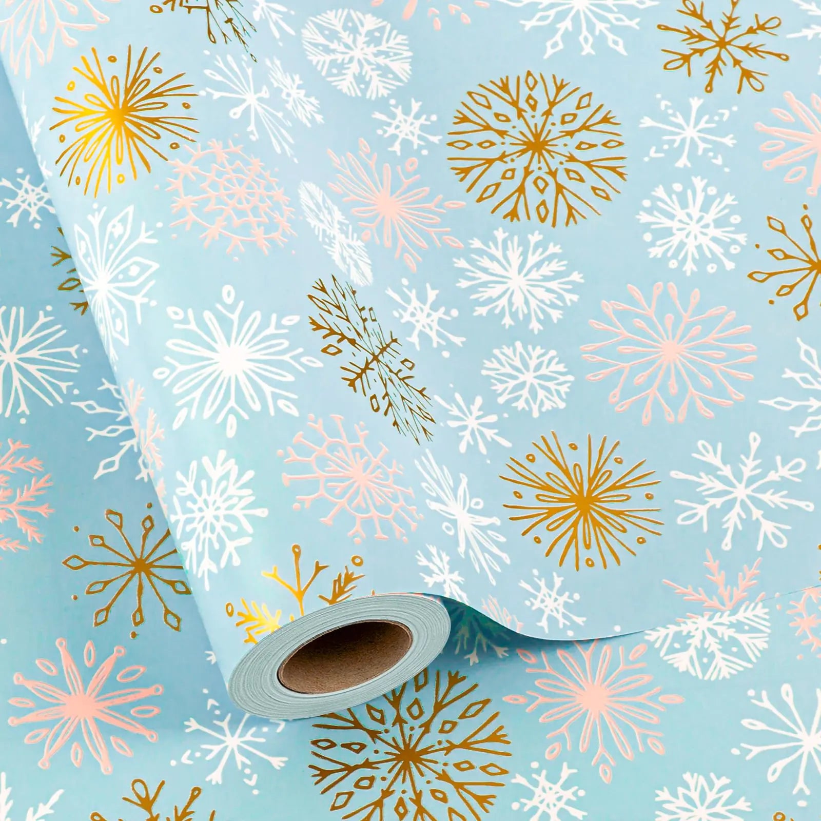 Blue & Gold Snowflake Gift Wrap – Premium Holiday Wrapping Paper Roll (17″ × 33′)